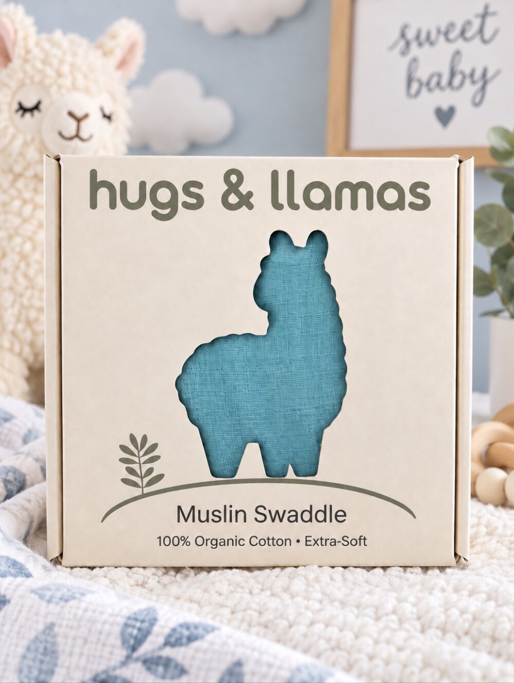 Hugs & Llamas Organic Cotton Muslin Swaddle Blue NIB